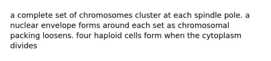 a complete set of chromosomes cluster at each spindle pole. a nuclear envelope forms around each set as chromosomal packing loosens. four haploid cells form when the cytoplasm divides