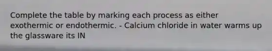 Complete the table by marking each process as either exothermic or endothermic. - Calcium chloride in water warms up the glassware its IN