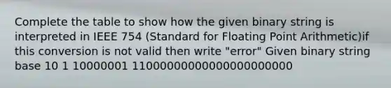 Complete the table to show how the given binary string is interpreted in IEEE 754 (Standard for Floating Point Arithmetic)if this conversion is not valid then write "error" Given binary string base 10 1 10000001 11000000000000000000000