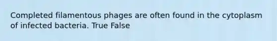 Completed filamentous phages are often found in the cytoplasm of infected bacteria. True False