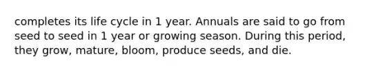 completes its life cycle in 1 year. Annuals are said to go from seed to seed in 1 year or growing season. During this period, they grow, mature, bloom, produce seeds, and die.