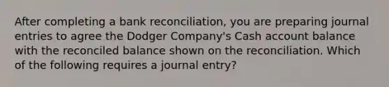 After completing a bank reconciliation, you are preparing journal entries to agree the Dodger Company's Cash account balance with the reconciled balance shown on the reconciliation. Which of the following requires a journal entry?