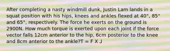 After completing a nasty windmill dunk, Justin Lam lands in a squat position with his hips, knees and ankles flexed at 40°, 85° and 65°, respectively. The force he exerts on the ground is 2900N. How much torque is exerted upon each joint if the force vector falls 12cm anterior to the hip, 6cm posterior to the knee and 8cm anterior to the ankle?Ƭ = F X ⅃