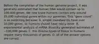 Before the completion of the human genome project, it was generally estimated that human DNA would contain up to 100,000 genes. We now know humans contain only around 25,000 individual genes within our genomes. This "gene count" is so surprising because: A. simple roundworms have over 10,000 genes, so humans should have many more. B. experimental analysis of mRNA diversity generated estimates of ~100,000 genes. C. the diverse types of tissue in humans require many thousands of genes. D. all of the answer options are correct