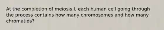 At the completion of meiosis I, each human cell going through the process contains how many chromosomes and how many chromatids?