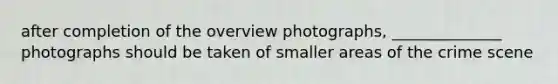 after completion of the overview photographs, ______________ photographs should be taken of smaller areas of the crime scene