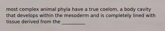 most complex animal phyla have a true coelom, a body cavity that develops within the mesoderm and is completely lined with tissue derived from the __________