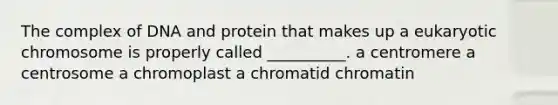 The complex of DNA and protein that makes up a eukaryotic chromosome is properly called __________. a centromere a centrosome a chromoplast a chromatid chromatin