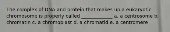 The complex of DNA and protein that makes up a eukaryotic chromosome is properly called _____________ a. a centrosome b. chromatin c. a chromoplast d. a chromatid e. a centromere