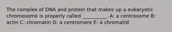 The complex of DNA and protein that makes up a eukaryotic chromosome is properly called __________. A: a centrosome B: actin C: chromatin D: a centromere E: a chromatid