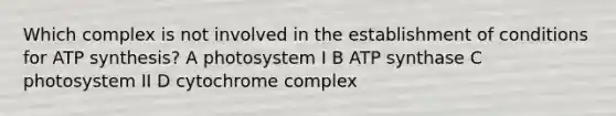 Which complex is not involved in the establishment of conditions for ATP synthesis? A photosystem I B ATP synthase C photosystem II D cytochrome complex