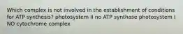 Which complex is not involved in the establishment of conditions for ATP synthesis? photosystem II no ATP synthase photosystem I NO cytochrome complex