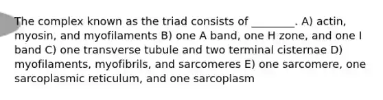 The complex known as the triad consists of ________. A) actin, myosin, and myofilaments B) one A band, one H zone, and one I band C) one transverse tubule and two terminal cisternae D) myofilaments, myofibrils, and sarcomeres E) one sarcomere, one sarcoplasmic reticulum, and one sarcoplasm