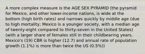 A more complex measure is the AGE SEX PYRAMID (the pyramid for Mexico, and other lower-income nations, is wide at the bottom (high birth rates) and narrows quickly by middle age (due to high mortality; Mexico is a younger society, with a median age of twenty-eight compared to thirty-seven in the United States) (with a larger share of females still in their childbearing years, Mexico's (19) CBR is higher (12.7) and annual rate of population growth (1.1%) is more than twice the US (0.5%))