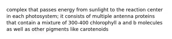 complex that passes energy from sunlight to the reaction center in each photosystem; it consists of multiple antenna proteins that contain a mixture of 300-400 chlorophyll a and b molecules as well as other pigments like carotenoids