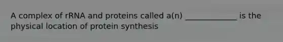 A complex of rRNA and proteins called a(n) _____________ is the physical location of protein synthesis