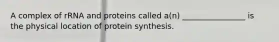 A complex of rRNA and proteins called a(n) ________________ is the physical location of protein synthesis.