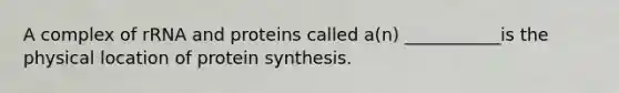 A complex of rRNA and proteins called a(n) ___________is the physical location of <a href='https://www.questionai.com/knowledge/kVyphSdCnD-protein-synthesis' class='anchor-knowledge'>protein synthesis</a>.