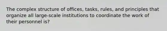 The complex structure of offices, tasks, rules, and principles that organize all large-scale institutions to coordinate the work of their personnel is?