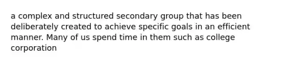 a complex and structured secondary group that has been deliberately created to achieve specific goals in an efficient manner. Many of us spend time in them such as college corporation