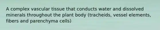 A complex vascular tissue that conducts water and dissolved minerals throughout the plant body (tracheids, vessel elements, fibers and parenchyma cells)