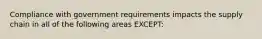 Compliance with government requirements impacts the supply chain in all of the following areas EXCEPT: