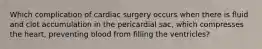 Which complication of cardiac surgery occurs when there is fluid and clot accumulation in the pericardial sac, which compresses the heart, preventing blood from filling the ventricles?