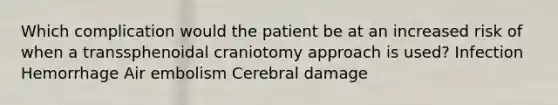 Which complication would the patient be at an increased risk of when a transsphenoidal craniotomy approach is used? Infection Hemorrhage Air embolism Cerebral damage