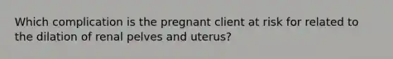 Which complication is the pregnant client at risk for related to the dilation of renal pelves and uterus?