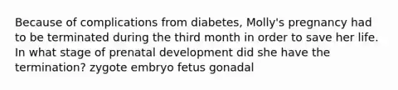 Because of complications from diabetes, Molly's pregnancy had to be terminated during the third month in order to save her life. In what stage of <a href='https://www.questionai.com/knowledge/kMumvNdQFH-prenatal-development' class='anchor-knowledge'>prenatal development</a> did she have the termination? zygote embryo fetus gonadal