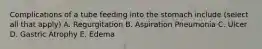 Complications of a tube feeding into the stomach include (select all that apply) A. Regurgitation B. Aspiration Pneumonia C. Ulcer D. Gastric Atrophy E. Edema
