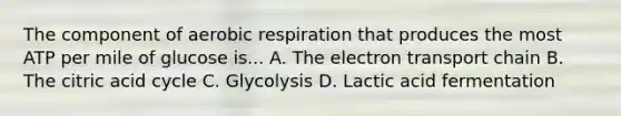 The component of aerobic respiration that produces the most ATP per mile of glucose is... A. The electron transport chain B. The citric acid cycle C. Glycolysis D. Lactic acid fermentation