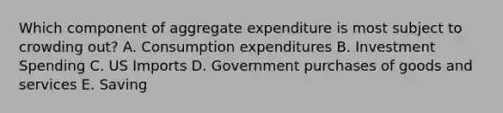 Which component of aggregate expenditure is most subject to crowding out? A. Consumption expenditures B. Investment Spending C. US Imports D. Government purchases of goods and services E. Saving