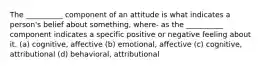 The __________ component of an attitude is what indicates a person's belief about something, where- as the __________ component indicates a specific positive or negative feeling about it. (a) cognitive, affective (b) emotional, affective (c) cognitive, attributional (d) behavioral, attributional