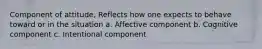 Component of attitude, Reflects how one expects to behave toward or in the situation a. Affective component b. Cognitive component c. Intentional component