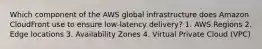 Which component of the AWS global infrastructure does Amazon CloudFront use to ensure low-latency delivery? 1. AWS Regions 2. Edge locations 3. Availability Zones 4. Virtual Private Cloud (VPC)