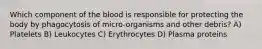 Which component of the blood is responsible for protecting the body by phagocytosis of micro-organisms and other debris? A) Platelets B) Leukocytes C) Erythrocytes D) Plasma proteins