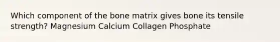 Which component of the bone matrix gives bone its tensile strength? Magnesium Calcium Collagen Phosphate