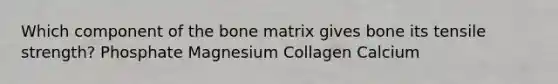 Which component of the bone matrix gives bone its tensile strength? Phosphate Magnesium Collagen Calcium