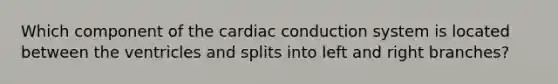 Which component of the <a href='https://www.questionai.com/knowledge/km9HYGGeec-cardiac-conduction' class='anchor-knowledge'>cardiac conduction</a> system is located between the ventricles and splits into left and right branches?