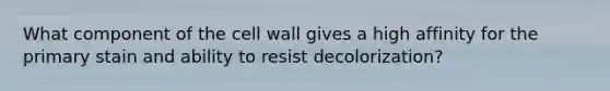 What component of the cell wall gives a high affinity for the primary stain and ability to resist decolorization?