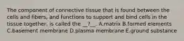 The component of connective tissue that is found between the cells and fibers, and functions to support and bind cells in the tissue together, is called the __?__. A.matrix B.formed elements C.basement membrane D.plasma membrane E.ground substance