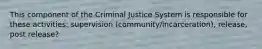 This component of the Criminal Justice System is responsible for these activities: supervision (community/incarceration), release, post release?