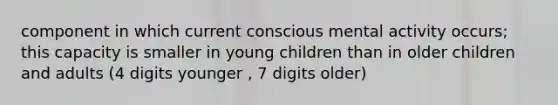 component in which current conscious mental activity occurs; this capacity is smaller in young children than in older children and adults (4 digits younger , 7 digits older)