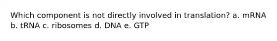 Which component is not directly involved in translation? a. mRNA b. tRNA c. ribosomes d. DNA e. GTP