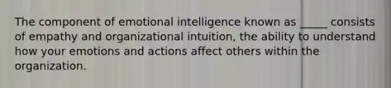 The component of emotional intelligence known as _____ consists of empathy and organizational intuition, the ability to understand how your emotions and actions affect others within the organization.