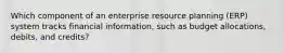 Which component of an enterprise resource planning (ERP) system tracks financial information, such as budget allocations, debits, and credits?