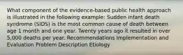 What component of the evidence-based public health approach is illustrated in the following example: Sudden infant death syndrome (SIDS) is the most common cause of death between age 1 month and one year. Twenty years ago it resulted in over 5,000 deaths per year. Recommendations Implementation and Evaluation Problem Description Etiology