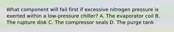 What component will fail first if excessive nitrogen pressure is exerted within a low-pressure chiller? A. The evaporator coil B. The rupture disk C. The compressor seals D. The purge tank