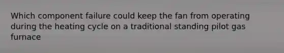 Which component failure could keep the fan from operating during the heating cycle on a traditional standing pilot gas furnace